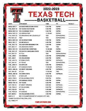 Texas Tech Red Raiders Basketball 2022-23 Printable Schedule - Pacific Times