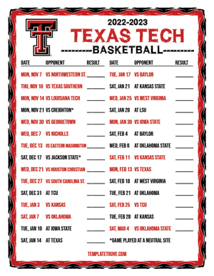 2022-23 Printable Texas Tech Red Raiders Basketball Schedule