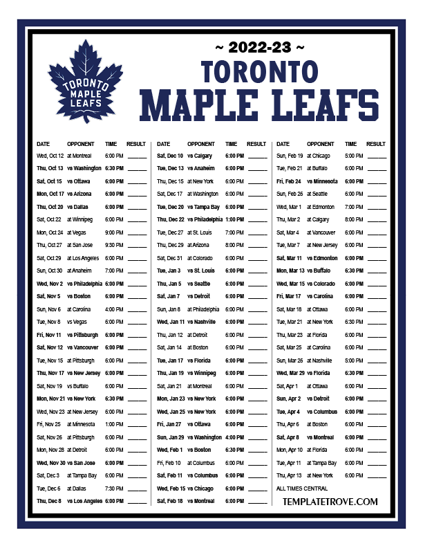 Printable 20222023 Toronto Maple Leafs Schedule
