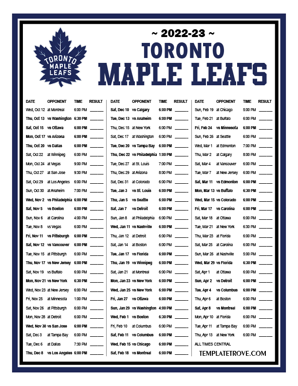 Printable 2022 2023 Toronto Maple Leafs Schedule