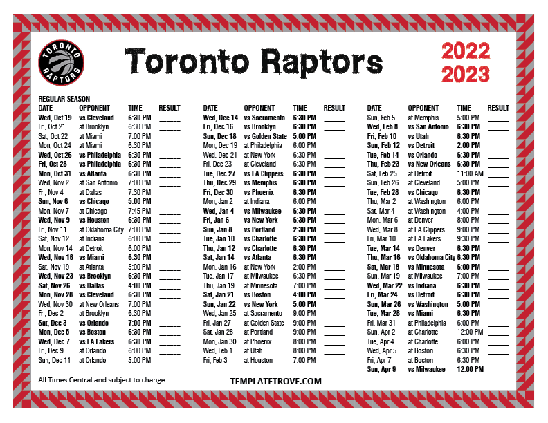 Printable 2022-2023 Toronto Raptors Schedule
