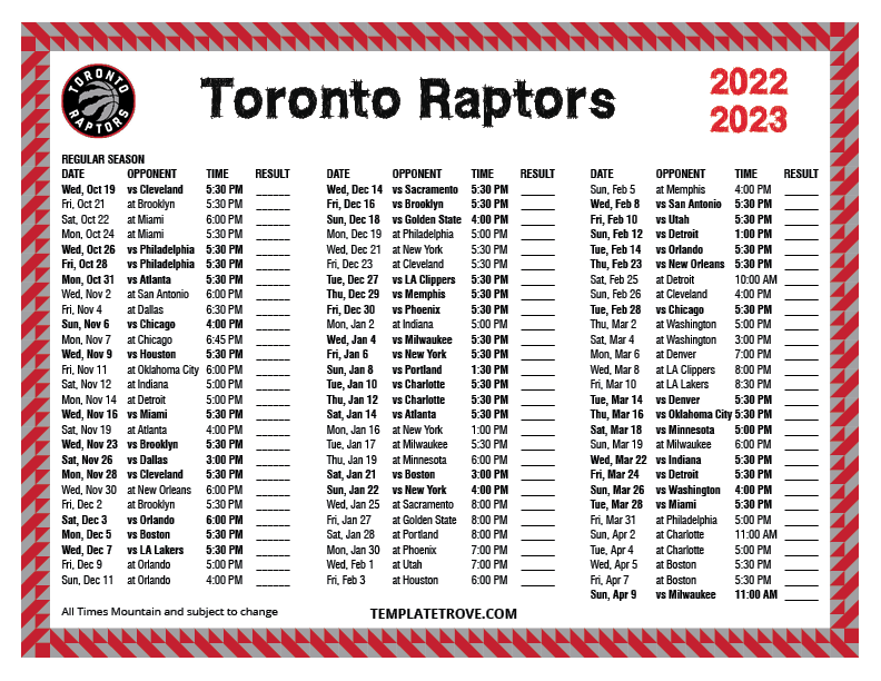 Printable 2022 2023 Toronto Raptors Schedule