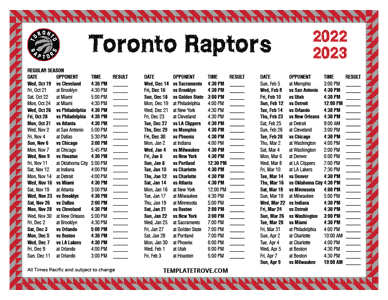 Toronto Raptors 2022-23 Printable Schedule - Pacific Times