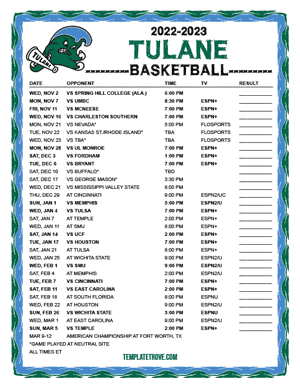 Tulane Green Wave Basketball 2022-23 Printable Schedule