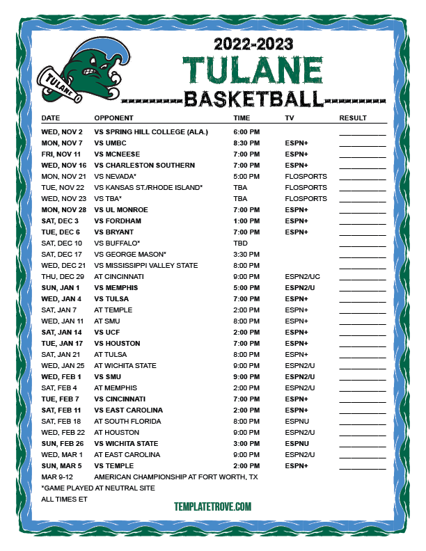 Printable 20222023 Tulane Green Wave Basketball Schedule