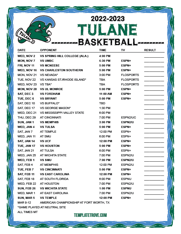 Printable 2022-2023 Tulane Green Wave Basketball Schedule