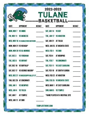 2022-23 Printable Tulane Green Wave Basketball Schedule