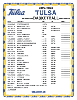 Tulsa Golden Hurricane Basketball 2022-23 Printable Schedule