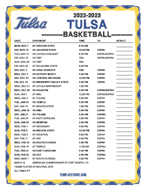 Tulsa Golden Hurricane Basketball 2022-23 Printable Schedule - Pacific Times