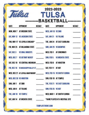 2022-23 Printable Tulsa Golden Hurricane Basketball Schedule