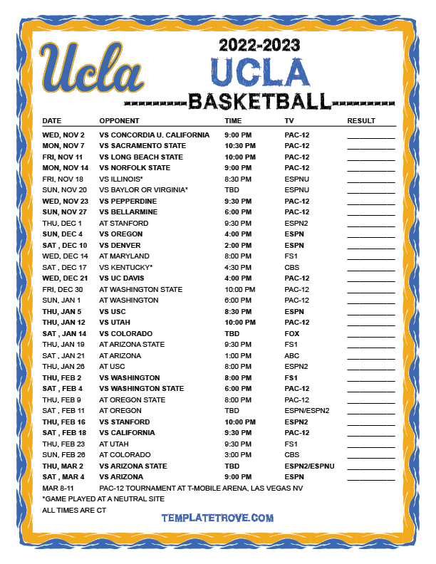 Printable 20222023 UCLA Bruins Basketball Schedule