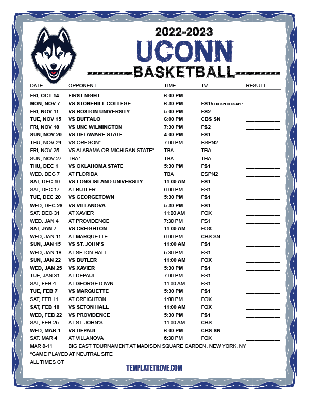 Printable 2022-2023 UConn Huskies Basketball Schedule