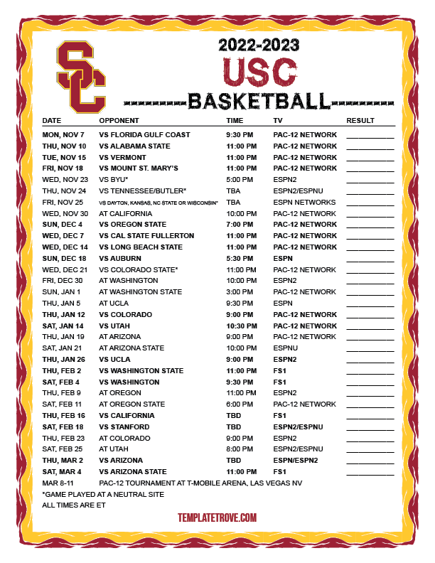 Printable 2022 2023 USC Trojans Basketball Schedule