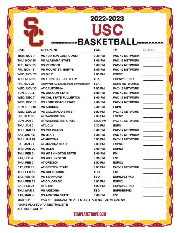 Printable 2022 2023 USC Trojans Basketball Schedule