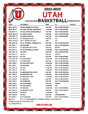 Utah Utes Basketball 2022-23 Printable Schedule