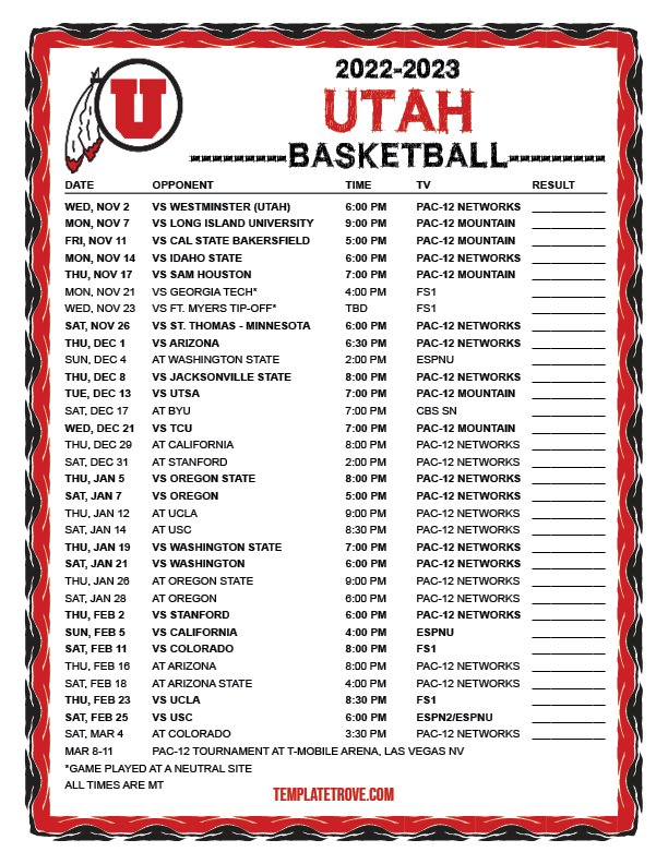 Printable 2022 2023 Utah Utes Basketball Schedule