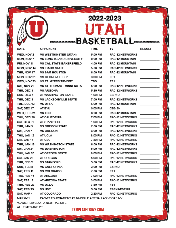 Printable 2022-2023 Utah Utes Basketball Schedule