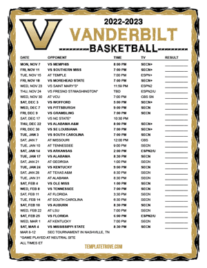 Vanderbilt Commodores Basketball 2022-23 Printable Schedule