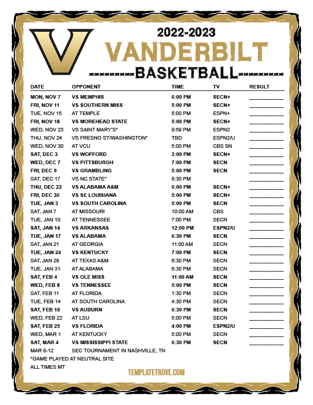 Printable 20222023 Vanderbilt Commodores Basketball Schedule