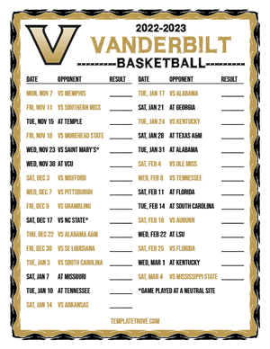 2022-23 Printable Vanderbilt Commodores Basketball Schedule