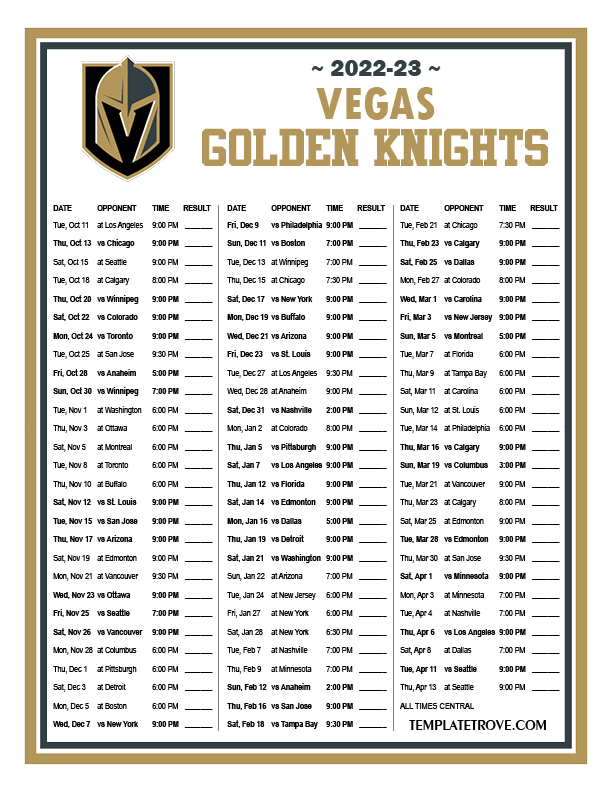 Vegas Golden Knights Schedule 2022-23 Printable