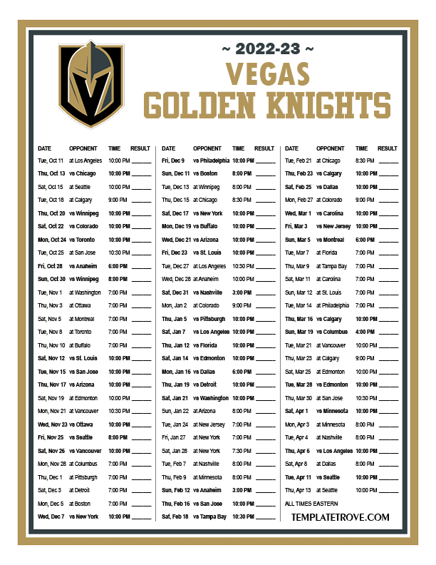 Printable 2022-2023 Vegas Golden Knights Schedule