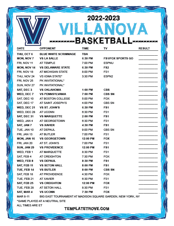 Printable 20222023 Villanova Wildcats Basketball Schedule