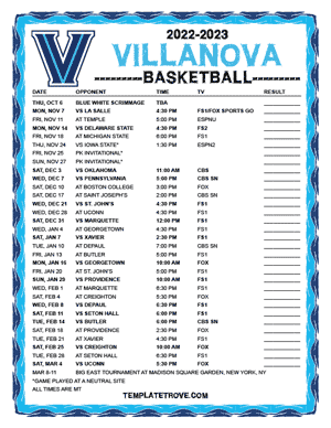 Villanova Wildcats Basketball 2022-23 Printable Schedule - Mountain Times