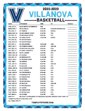 Villanova Wildcats Basketball 2022-23 Printable Schedule - Pacific Times