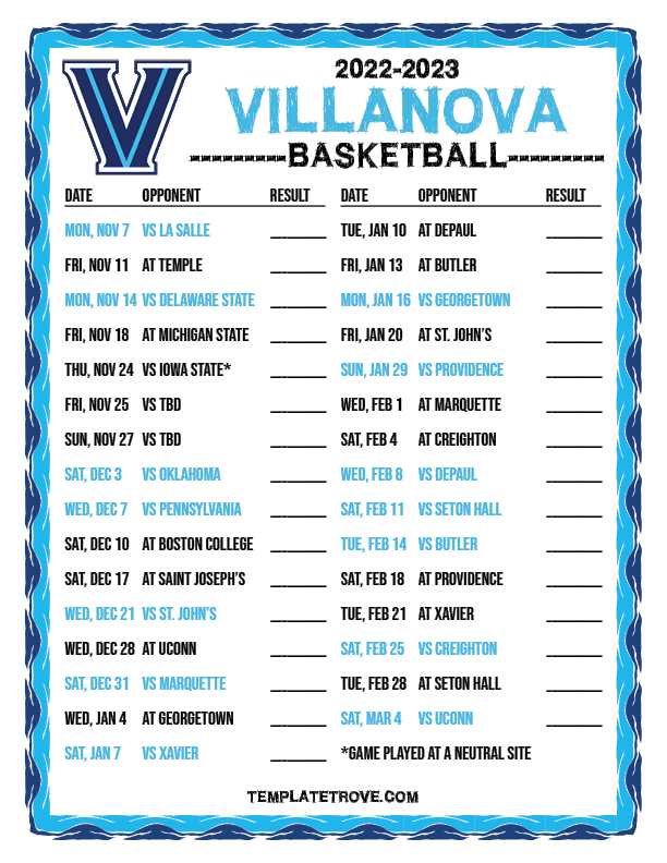 2022 2023 Printable Villanova Wildcats Basketball Schedule 
