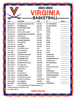 Virginia Cavaliers Basketball 2022-23 Printable Schedule