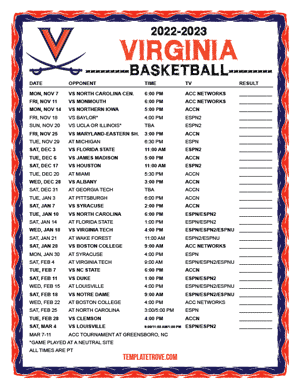 Virginia Cavaliers Basketball 2022-23 Printable Schedule - Pacific Times