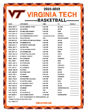Virginia Tech Hokies Basketball 2022-23 Printable Schedule - Central Times