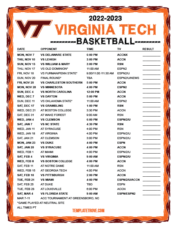 Printable 20222023 Virginia Tech Hokies Basketball Schedule