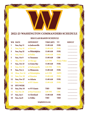 Washington Commanders 2022-23 Printable Schedule - Mountain Times