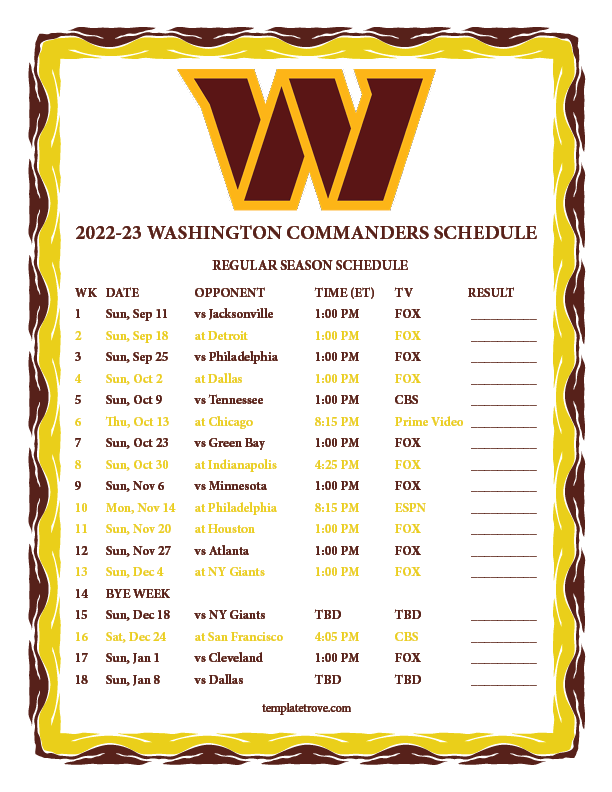 Printable 2022-2023 Washington Commanders Schedule