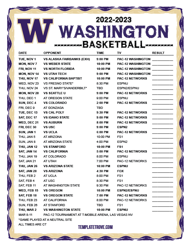 Printable 2022-2023 Washington Huskies Basketball Schedule