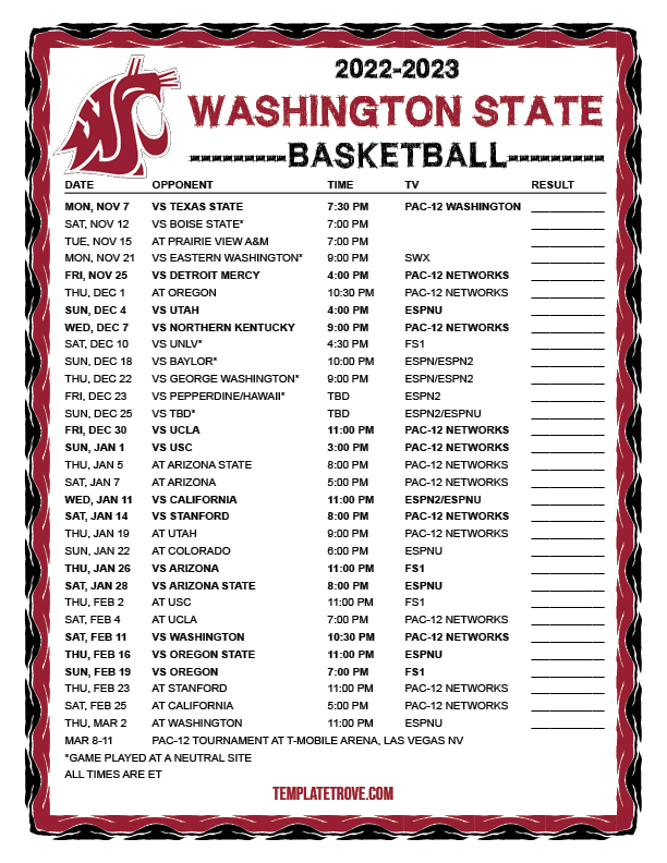 Printable 2022-2023 Washington State Cougars Basketball Schedule