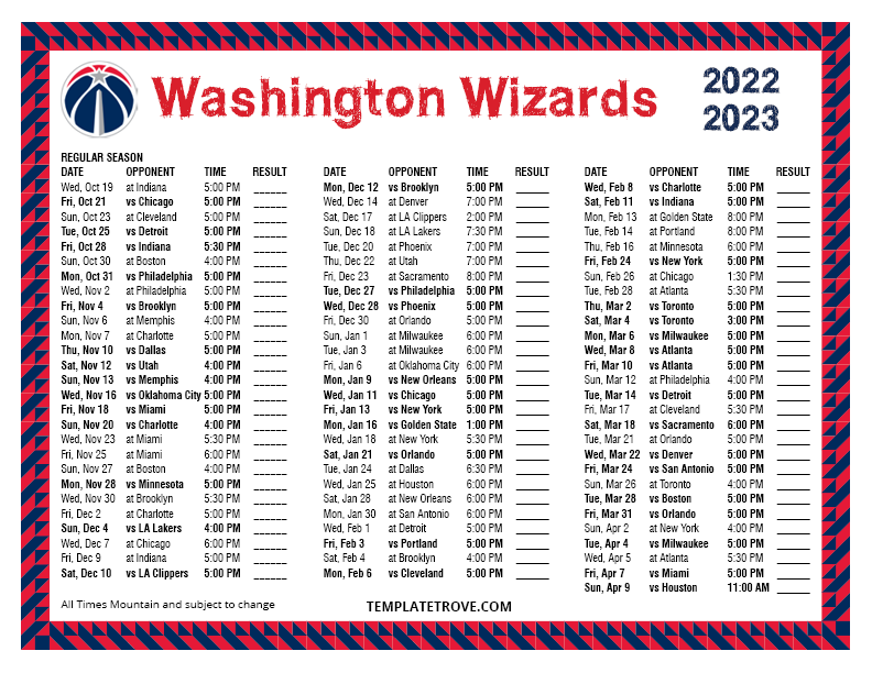 Printable 20222023 Washington Wizards Schedule