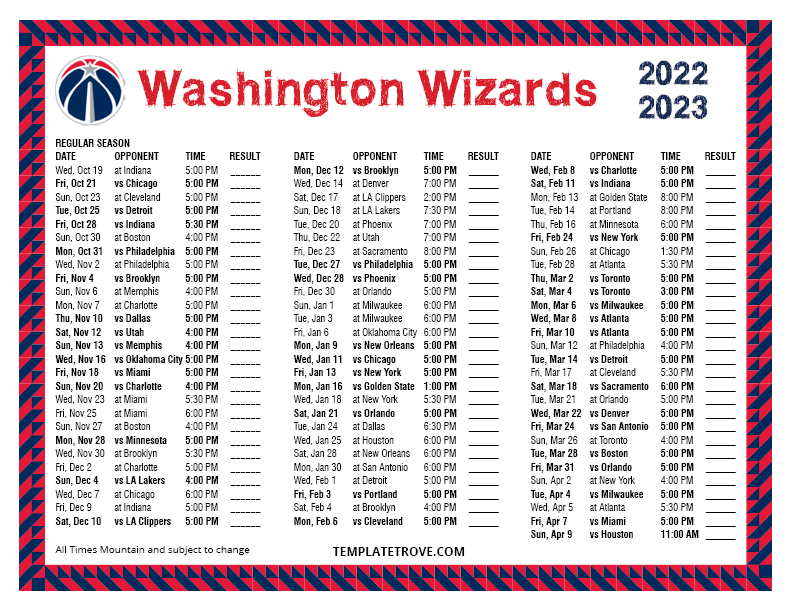 Printable 2022 2023 Washington Wizards Schedule