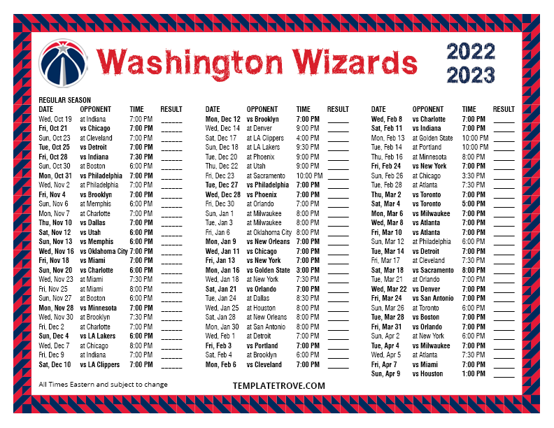 Printable 2022-2023 Washington Wizards Schedule