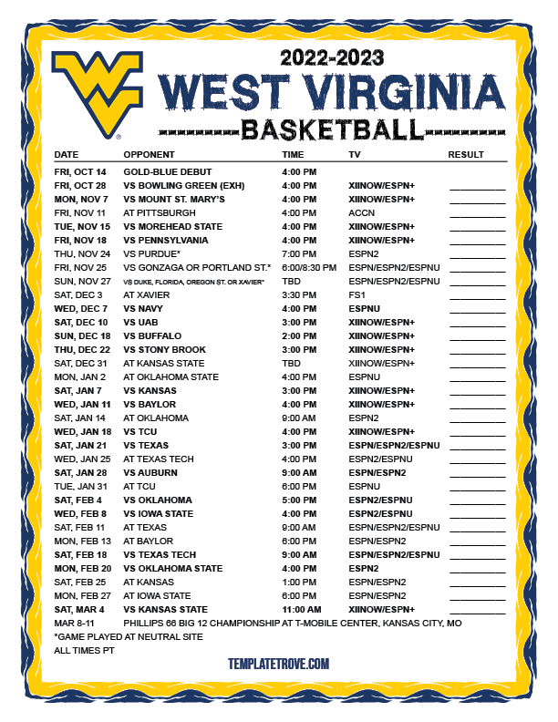 Printable 20222023 West Virginia Mountaineers Basketball Schedule