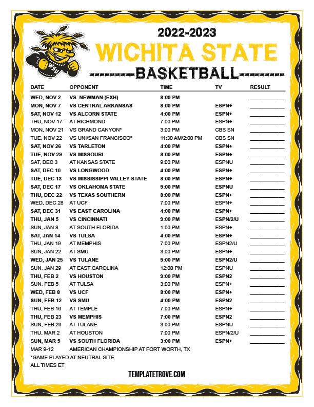 Printable 2022 2023 Wichita State Shockers Basketball Schedule 