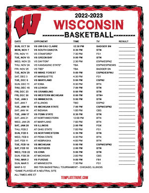Wisconsin Badgers Basketball 2022-23 Printable Schedule