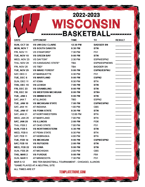 Printable 2022-2023 Wisconsin Badgers Basketball Schedule