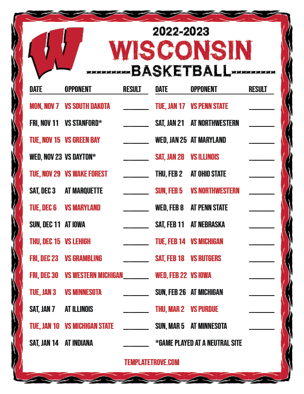 Wisconsin Badgers Basketball Printable Schedule