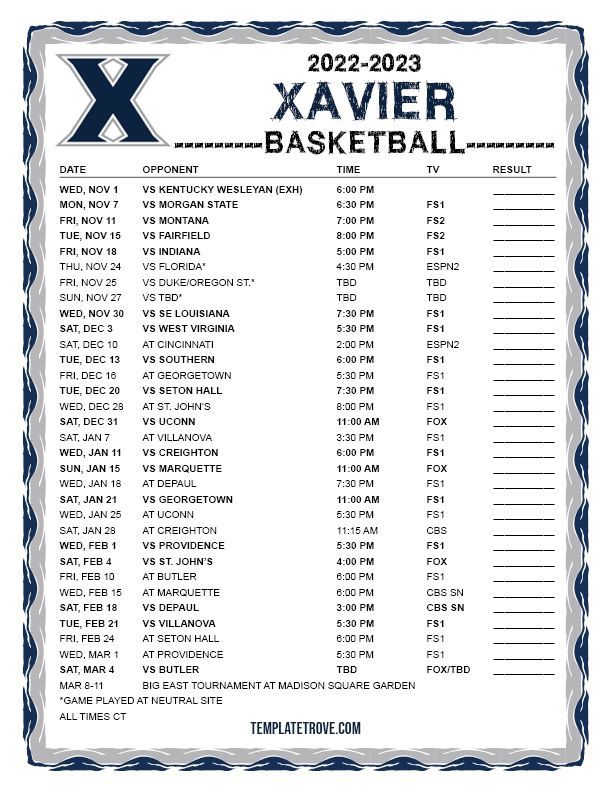 Printable 2022-2023 Xavier Musketeers Basketball Schedule