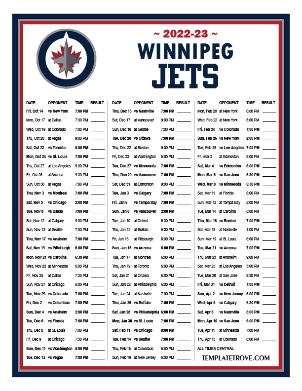 Printable 20222023 Winnipeg Jets Schedule