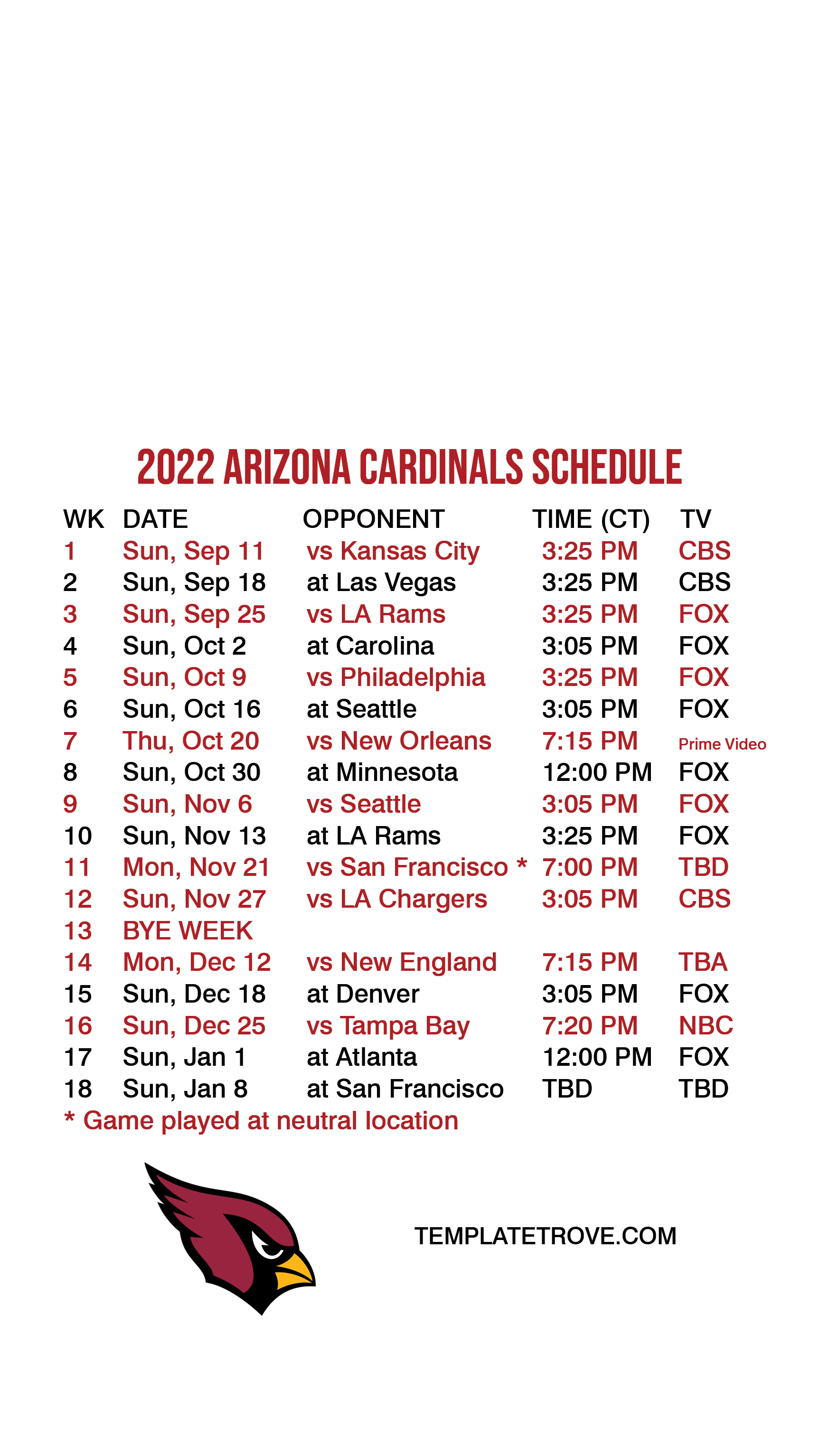 arizona cardinals 2022 home schedule