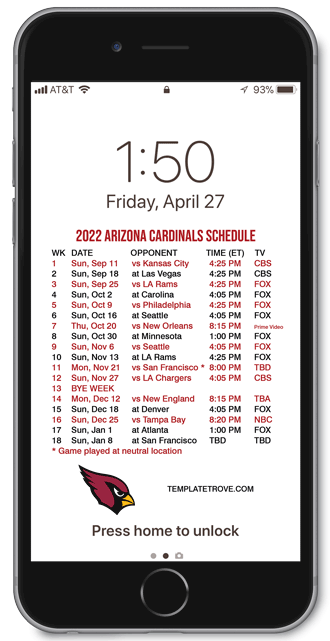 2022 Arizona Cardinals Lock Screen Schedule